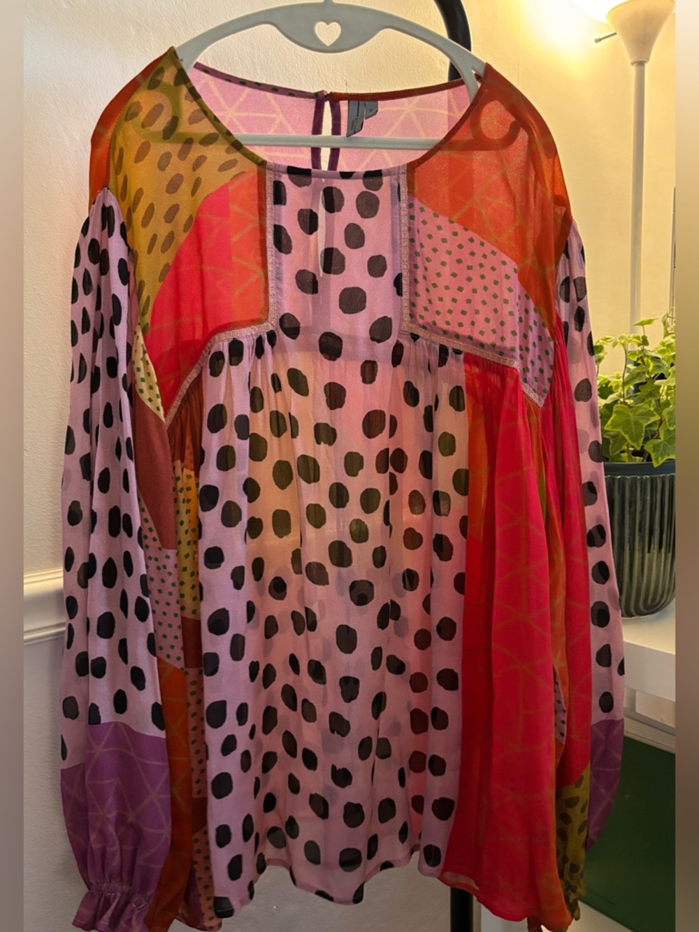 Anthropologie Pink & Red Patchwork Polka Dot Blouse